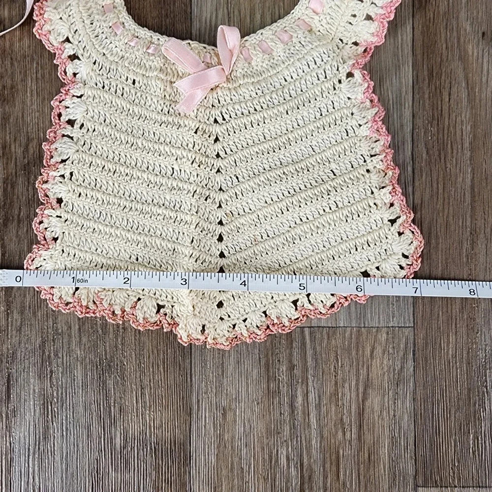 Vintage Handmade Crochet Baby Bib Pinafore Cream Pink Ribbon Scalloped Trim